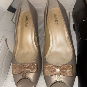 Van Dal Women's Peep Toe Heels - Taupe Glitter Bow 2" Heel